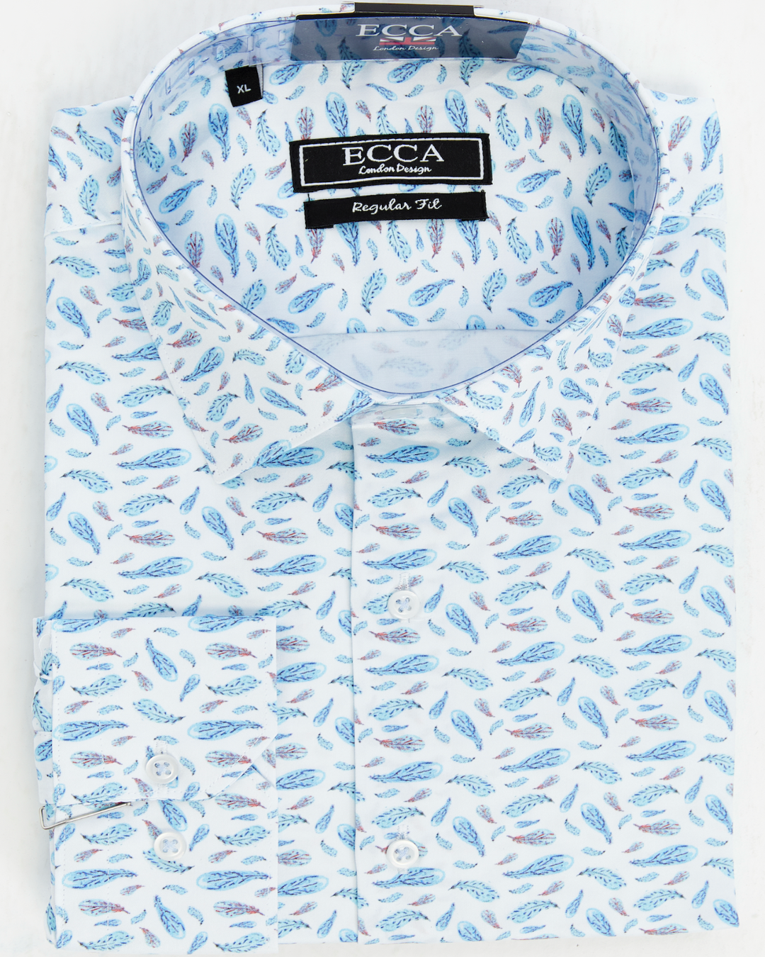 ECCA London branded shirt with blue floral pattern on a white background
