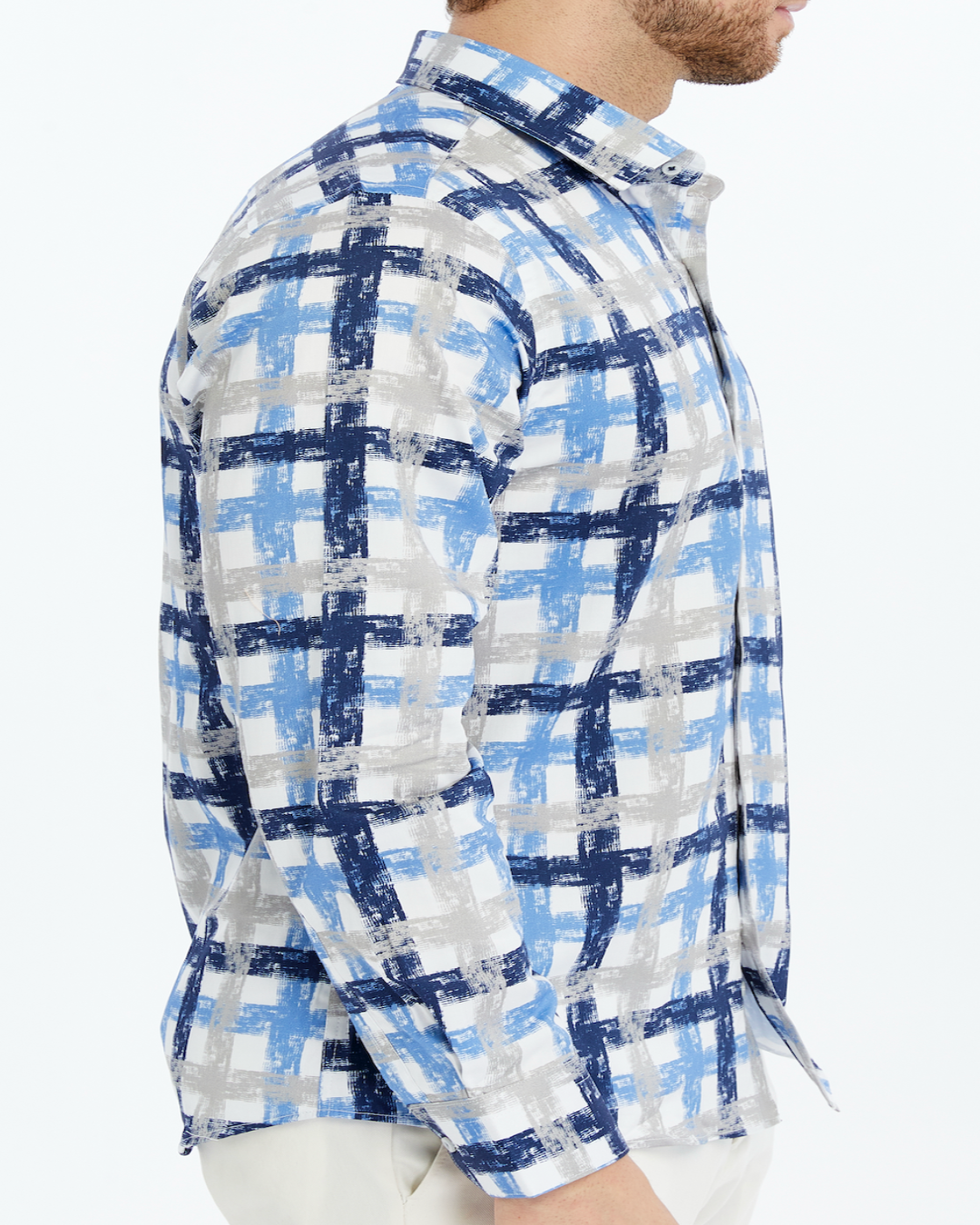 blue and white checkered Printed shirt for men on a white background
