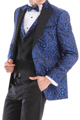 ELEGANCE NAVY TUXEDO  - Men's Navy Satin Barcode Fabric 4 Piece Dinner & Wedding Suit