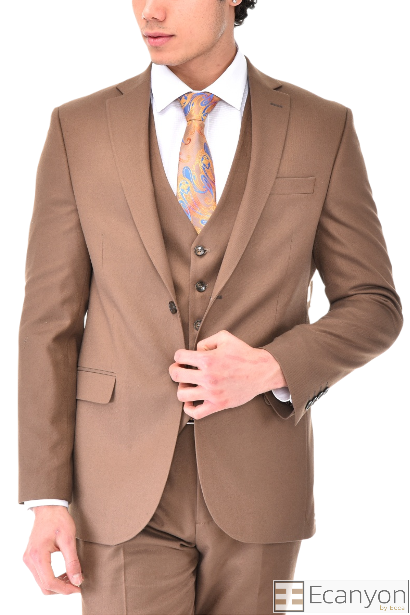Tan Plain 3 Piece Suit, A timeless a plain tan quality thick fabric three piece suits that can be styled up for special events or styled down for the office. The matching quality a plain tan waistcoat and trousers are paired with a plain tan blue suit jacket. You’ll love the patterned lining panels on this suit, especially the one in the jacket’s breast pocket which doubles up as a pocket square.Master Tailored Fit 3 Piece Suit
