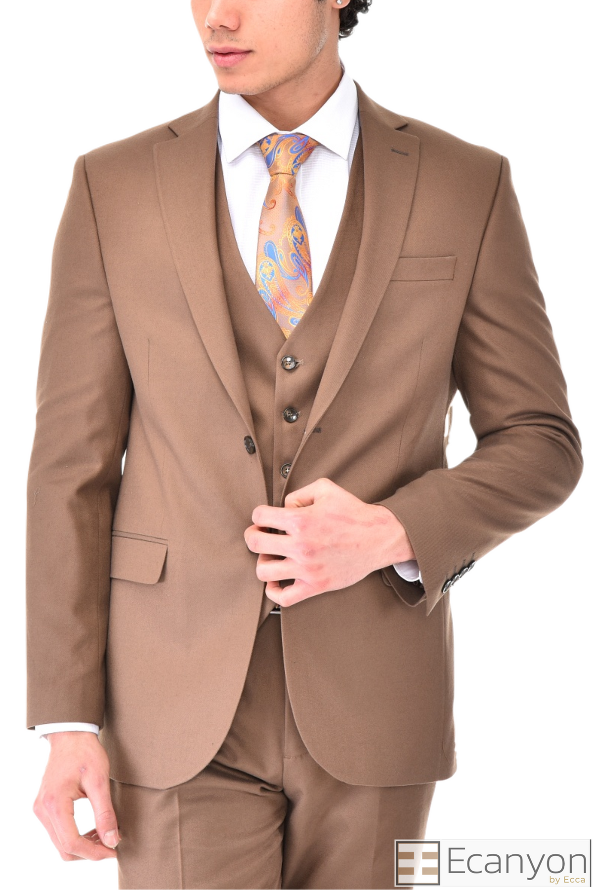 Tan Plain 3 Piece Suit, A timeless a plain tan quality thick fabric three piece suits that can be styled up for special events or styled down for the office. The matching quality a plain tan waistcoat and trousers are paired with a plain tan blue suit jacket. You’ll love the patterned lining panels on this suit, especially the one in the jacket’s breast pocket which doubles up as a pocket square.Master Tailored Fit 3 Piece Suit