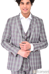 Grey Plaid Burgundy 3 Piece Suit, A timeless a burgundy plaid grey design suit that can be styled up for special events or styled down for the office. The matching quality a burgundy plaid grey design waistcoat and trousers are paired with a burgundy plaid grey matched design  jacket. You’ll love the patterned lining panels on this suit, especially the one in the jacket’s breast pocket which doubles up as a pocket square. Master Tailored Fit 3 Piece Suit