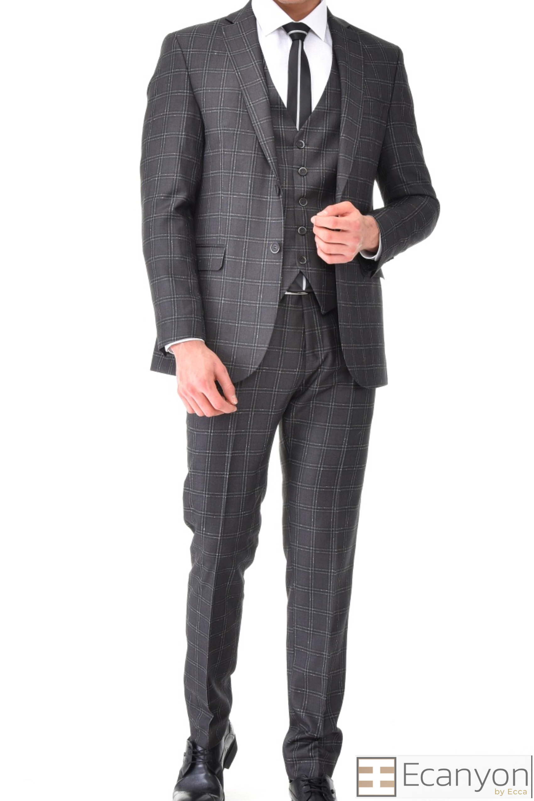 Black Plaid Grey Three Piece Suit, A timeless a black matched design suit that can be styled up for special events or styled down for the office. The matching quality a black plaid grey matched design waistcoat and trousers are paired with a black plaid grey matched design  jacket. You’ll love the patterned lining panels on this suit, especially the one in the jacket’s breast pocket which doubles up as a pocket square. Master Tailor fit Suits