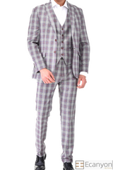 Grey Plaid Burgundy 3 Piece Suit, A timeless a burgundy plaid grey design suit that can be styled up for special events or styled down for the office. The matching quality a burgundy plaid grey design waistcoat and trousers are paired with a burgundy plaid grey matched design jacket. You’ll love the patterned lining panels on this suit, especially the one in the jacket’s breast pocket which doubles up as a pocket square. Master Tailored Fit 3 Piece Suit