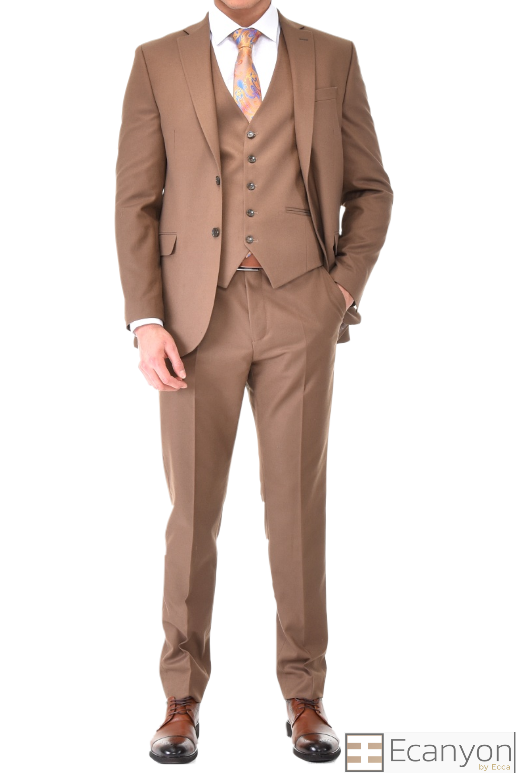 Tan Plain 3 Piece Suit, A timeless a plain tan quality thick fabric three piece suits that can be styled up for special events or styled down for the office. The matching quality a plain tan waistcoat and trousers are paired with a plain tan blue suit jacket. You’ll love the patterned lining panels on this suit, especially the one in the jacket’s breast pocket which doubles up as a pocket square.Master Tailored Fit 3 Piece Suit