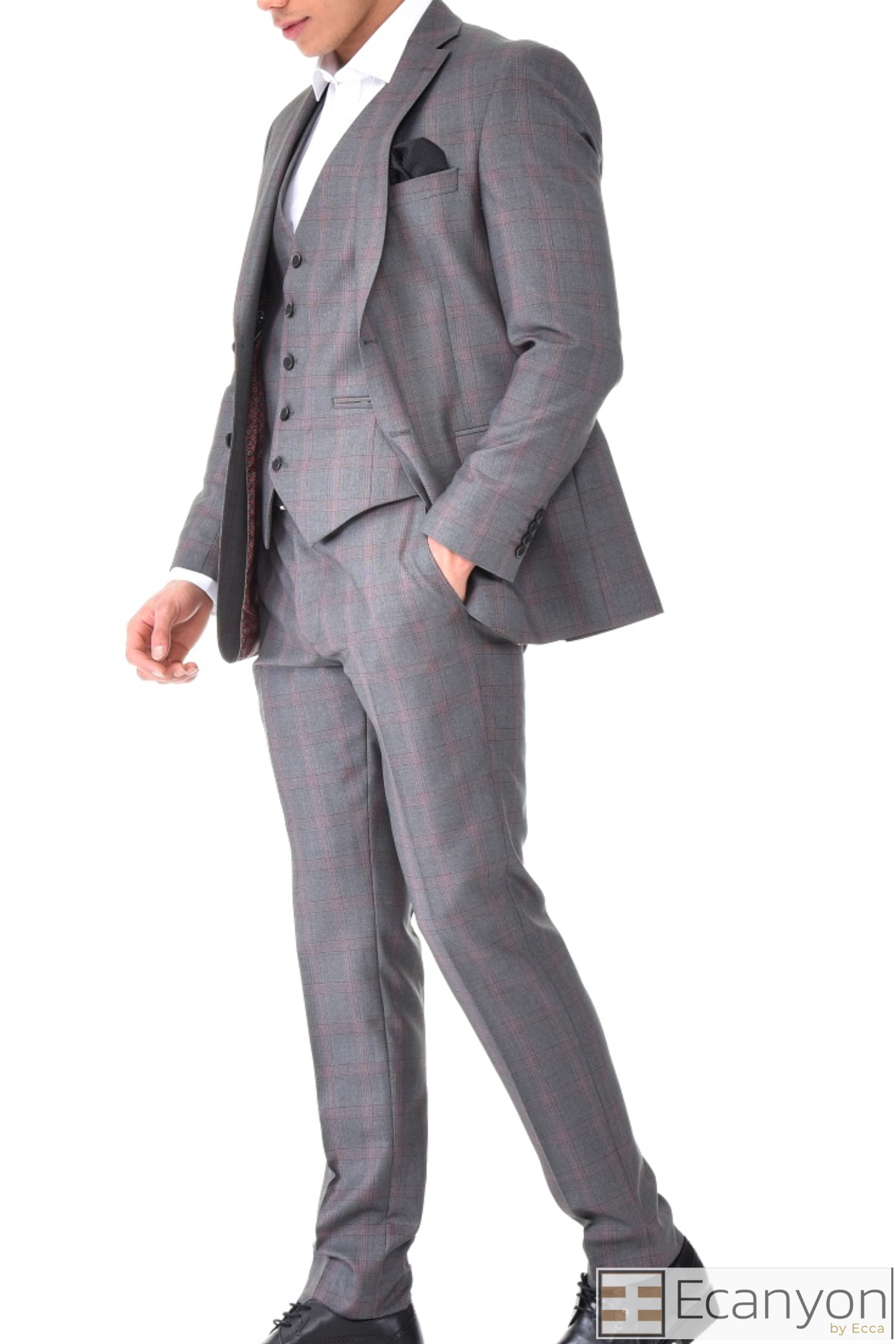 Grey Plaid Green Design Three Piece Suit, A timeless a grey plaid burgundy design suit that can be styled up for special events or styled down for the office. The matching quality a grey plaid burgundy matched design waistcoat and trousers are paired with a grey plaid burgundy design  jacket. You’ll love the patterned lining panels on this suit, especially the one in the jacket’s breast pocket which doubles up as a pocket square. Master Tailored Fit 3 Piece