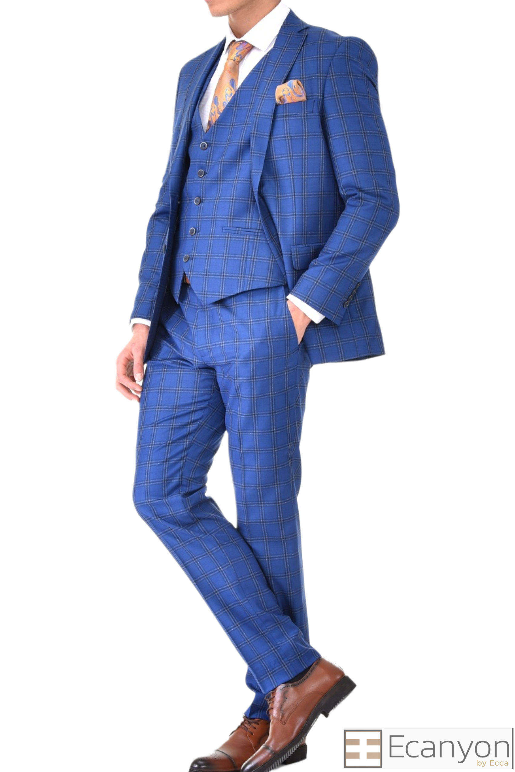 Blue Plaid Three 3 Suit, A timeless a blue plaid design suit that can be styled up for special events or styled down for the office. The matching quality a blue plaid matched design waistcoat and trousers are paired with a blue plaid grey matched design jacket. You’ll love the patterned lining panels on this suit, especially the one in the jacket’s breast pocket which doubles up as a pocket square.Master Tailored Fit 3 Piece Suit