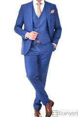 Blue Plaid Three 3 Suit, A timeless a blue plaid design suit that can be styled up for special events or styled down for the office. The matching quality a blue plaid matched design waistcoat and trousers are paired with a blue plaid grey matched design jacket. You’ll love the patterned lining panels on this suit, especially the one in the jacket’s breast pocket which doubles up as a pocket square.Master Tailored Fit 3 Piece Suit