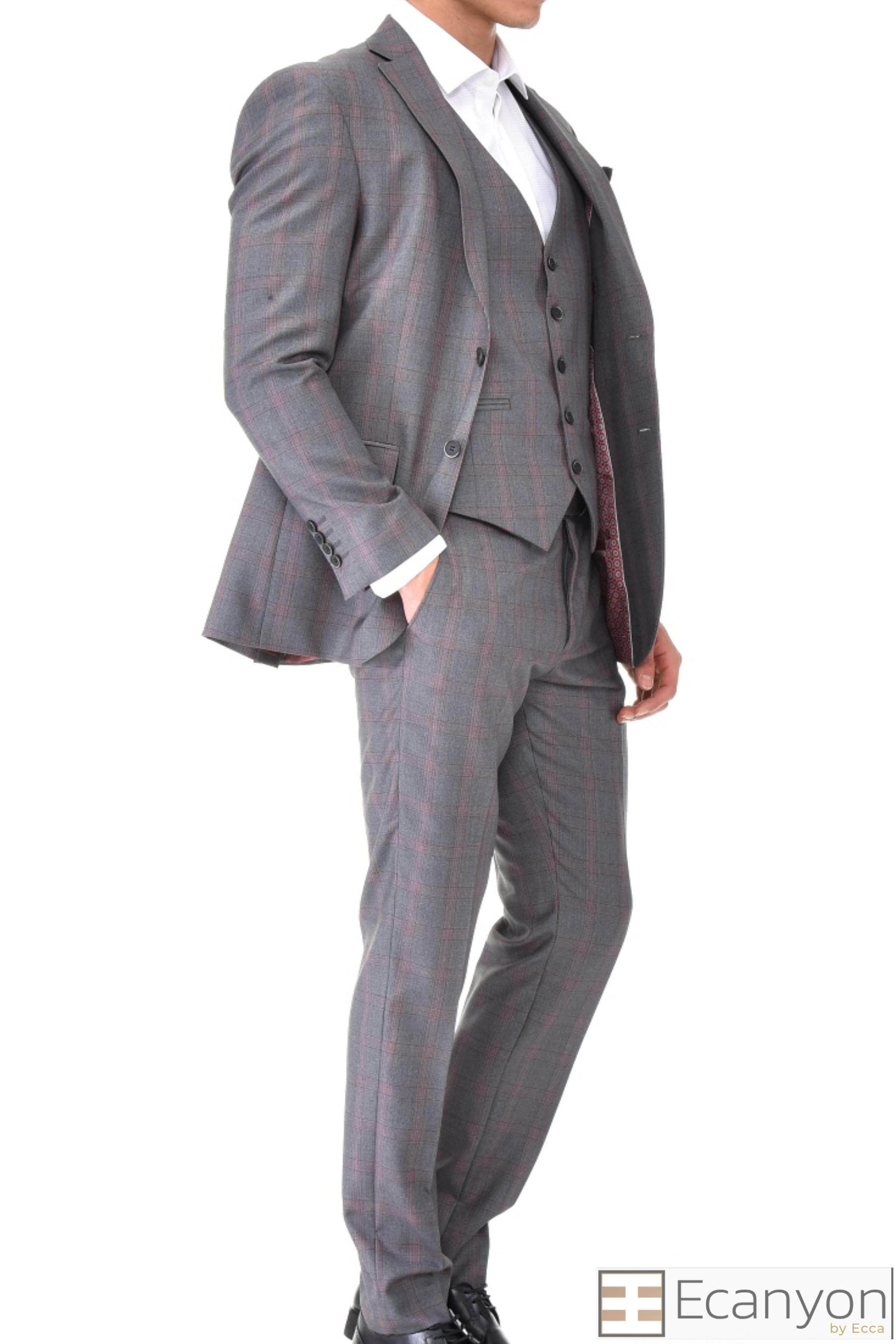 Grey Plaid Green Design Three Piece Suit, A timeless a grey plaid burgundy design suit that can be styled up for special events or styled down for the office. The matching quality a grey plaid burgundy matched design waistcoat and trousers are paired with a grey plaid burgundy design  jacket. You’ll love the patterned lining panels on this suit, especially the one in the jacket’s breast pocket which doubles up as a pocket square. Master Tailored Fit 3 Piece