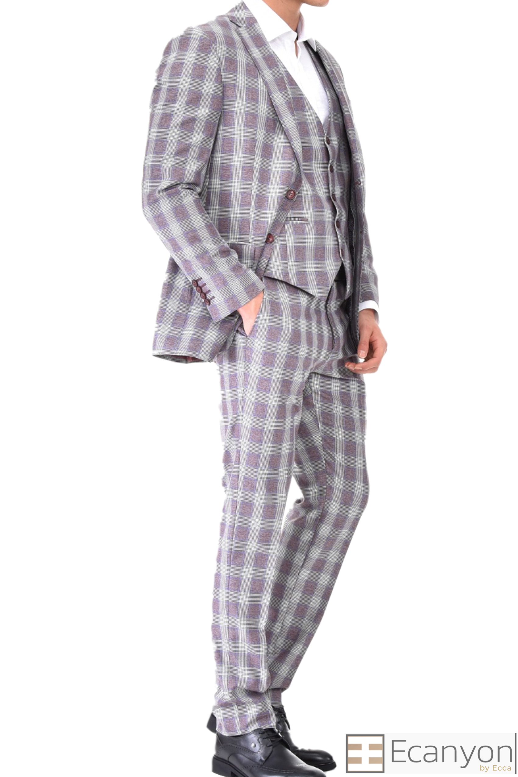 Grey Plaid Burgundy 3 Piece Suit, A timeless a burgundy plaid grey design suit that can be styled up for special events or styled down for the office. The matching quality a burgundy plaid grey design waistcoat and trousers are paired with a burgundy plaid grey matched design jacket. You’ll love the patterned lining panels on this suit, especially the one in the jacket’s breast pocket which doubles up as a pocket square. Master Tailored Fit 3 Piece Suit