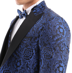 ELEGANCE NAVY TUXEDO  - Men's Navy Satin Barcode Fabric 4 Piece Dinner & Wedding Suit