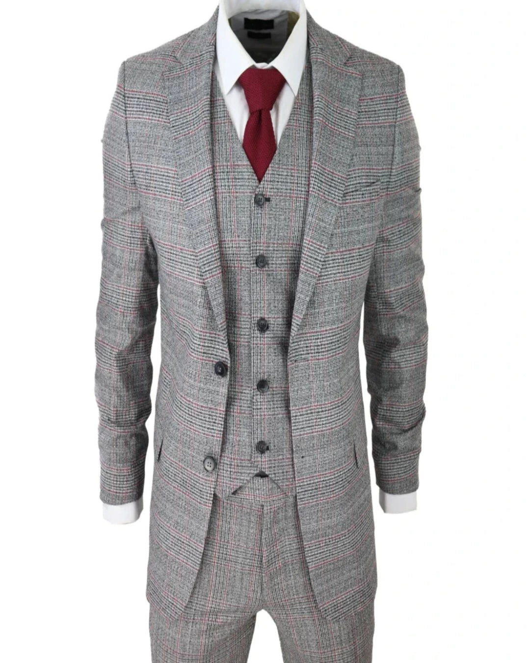 KENNDY ICONY PLAID SUIT - Men's 3 Piece Black & Grey & Red Notch-Lapel Check Suits